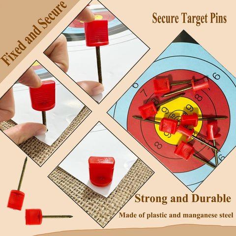 16 Pack Archery Target Pins in use on a target, made of durable plastic and Mn steel, 6.6 cm long and 3.4 mm thick, reusable