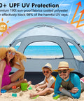 Anti UV Beach Tent For Three People, portable sun shade shelter, Sierra Blue with extendable floor, family playing on sand