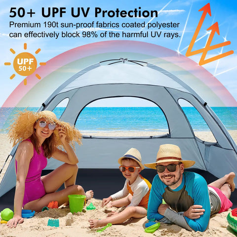 Anti UV Beach Tent For Three People, portable sun shade shelter, Sierra Blue with extendable floor, family playing on sand