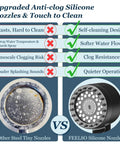 Comparison of steel and FEELSO silicone nozzles highlighting benefits of Filtered Shower Head With Handheld, Powerful High Pressure 4 Spray Showerhead With Filters And Anti Clog Nozzles For Hard Water, Removes Chlorine And Relieves Dry Itchy Skin, Includes On Off Switch For Easy Pet Bath.