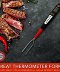 Digital Meat Thermometer Fork For Grilling And BBQ With Fast Read Probes next to grilled steaks on dark surface