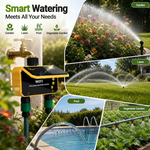 Solar Powered Smart Sprinkler Timer With WiFi for garden hose and two-zone irrigation in action watering garden and lawns