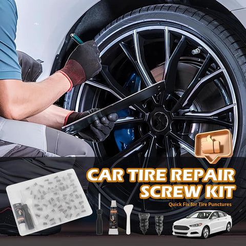 Mechanic using 60 Piece Car Tire Repair Kit With Self Tapping Plugs And Repair Screws Including Screwdriver And Glue For Cars And Motorcycles On The Road Grab And Go Easy To Use near car tire