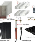 Deluxe Plastic Welding Kit With 80W UL Certified Welder Pro Grade DIY Plastic Repair For Car Bumpers Kayaks Tanks Boats And More Includes 17 Pc Aluminum Repair Tape Sandpaper 20 PolyPlaz Rods, showing components.