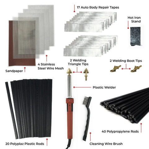 Deluxe Plastic Welding Kit With 80W UL Certified Welder Pro Grade DIY Plastic Repair For Car Bumpers Kayaks Tanks Boats And More Includes 17 Pc Aluminum Repair Tape Sandpaper 20 PolyPlaz Rods, showing components.
