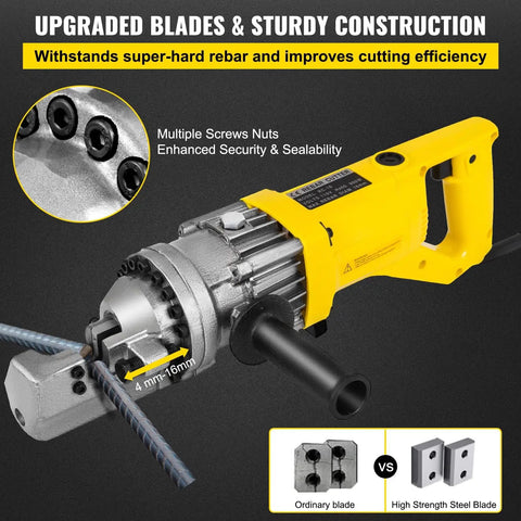 Portable Electric Hydraulic Rebar Cutter RC-16 With 5/8 Inch Capacity showing upgraded blades and steel construction for quick cutting.
