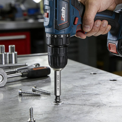 Six-Piece HSS Screw Extractor Set For Damaged Stripped And Broken Bolts No-Hassle Removal in use with a power drill
