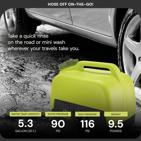 Portable yellow water tank for car cleaning beside vehicle, text highlighting pressure and capacity details, Hose Off On-The-Go.