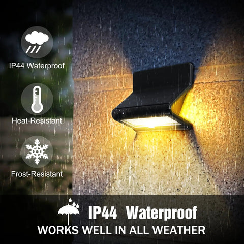 Solar Motion Sensor Security Light Outdoor With Lens LED Waterproof Wireless Wall Light installed on outdoor wall showing IP44 weatherproof feature