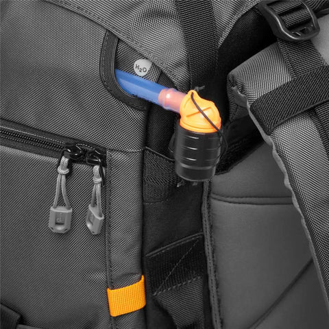 Close-up of hydration tube and clips on Pro Trekker BP 550 AW II Backpack for Pro Photogs and On The Go Travelers, Black