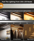 Go-To Under Cabinet Lighting Kit With Touch Control And Motion Sensor, Ultra Bright 160LED, Dimmable 3 CCT, modes shown in kitchen and closet.