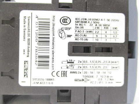 Label details of Heavy Duty 24V DC Contactor 9 Amp 3RT2016 1BB41 OEM Surplus NSMP for industrial machinery and motor controls.