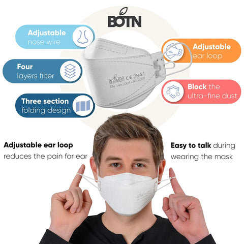Man wearing Large White KF94 Disposable Mask With 4 Layer Filter And 3D Design, adjustable ear loops, made in Korea, close-up.