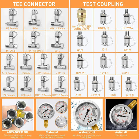Built Tough Hydraulic Pressure Test Kit for Excavator With 13 Couplings and 14 Tee Connectors, 6 Test Hoses, 5 Pressure Gauges, Covers 150 1500 3500 6000 9000 PSI for Accurate Readings