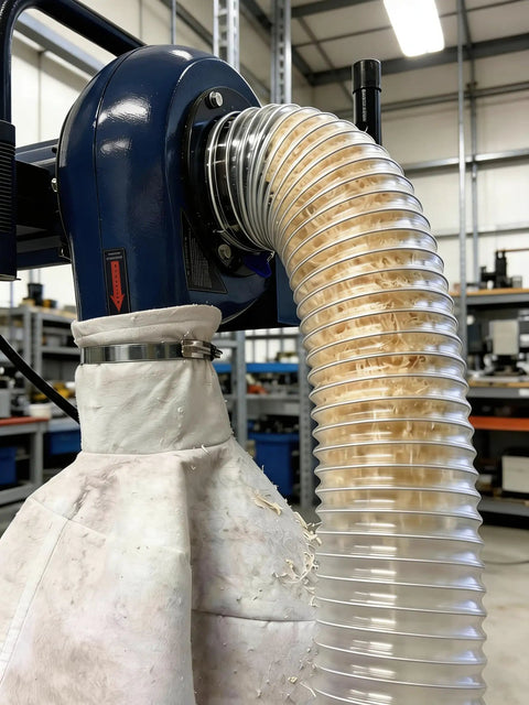 Beefy 4 Inch Dust Collection Hose, 10 Feet Long, Heavy Duty Clear PVC Fume Hose With 4 Clamps connected to dust collector in workshop.