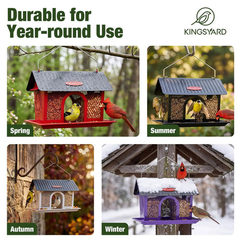 Outdoor Hanging Bird Feeder With Dual Mesh Compartments, Metal Seed Tray, And Weatherproof Roof, 3 Lb Large Capacity in various seasons