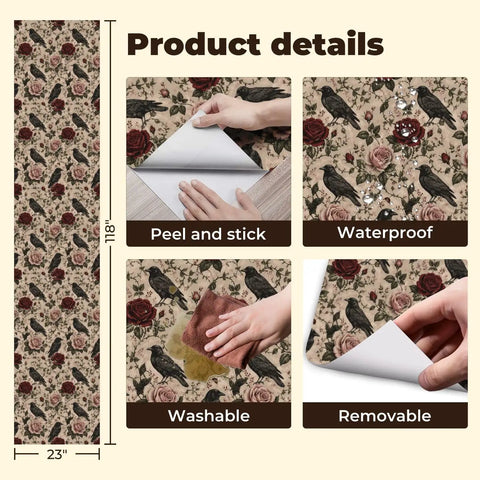 Peel And Stick Wallpaper Featuring Crow And Floral Design Self Adhesive Wallcovering For Fast Room Refresh with removable features.