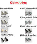 Must Have License Plate Hardware Kit 400 Piece Variety Pack includes screws, bolts, nylon inserts, and screw covers.