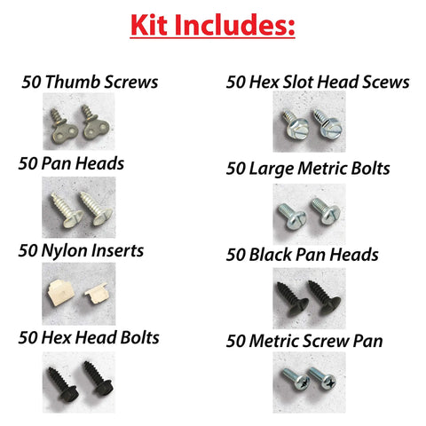 Must Have License Plate Hardware Kit 400 Piece Variety Pack includes screws, bolts, nylon inserts, and screw covers.