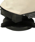 Close-up of the base and flow control of Handheld Broadcast Spreader For Lawn Care With 25 Pound Capacity Calibrated Flow Rate Adjuster Mossy Oak Water Resistant Bag Durable Commercial Grade And Adjustable Strap.