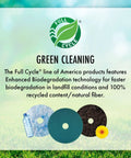 Full Cycle logo and text describing green cleaning products with recycled materials and enhanced biodegradation technology.