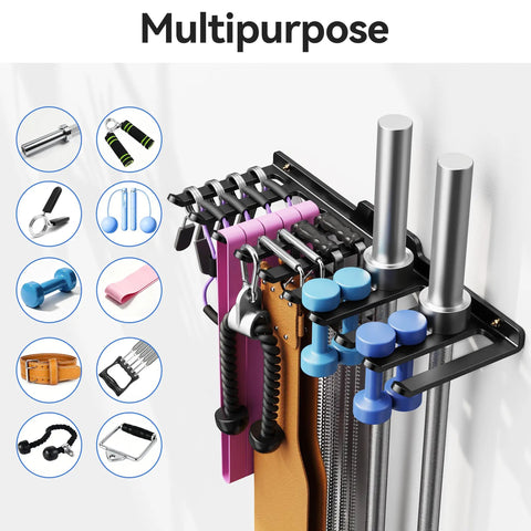Beast Wall Mounted Home Gym Rack with 175 lb total capacity shown storing gym equipment for organized space-saving use.