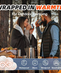 Two people camping, wrapped in blankets, drinking hot beverages with a warm atmosphere outdoors, symbolizing coziness and comfort.