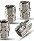 Three Quarter Inch NPT Male Hex Nipple Fittings Set In 304 Stainless Steel Pipe Adapters for Corrosion Resistant Plumbing, Four Pack