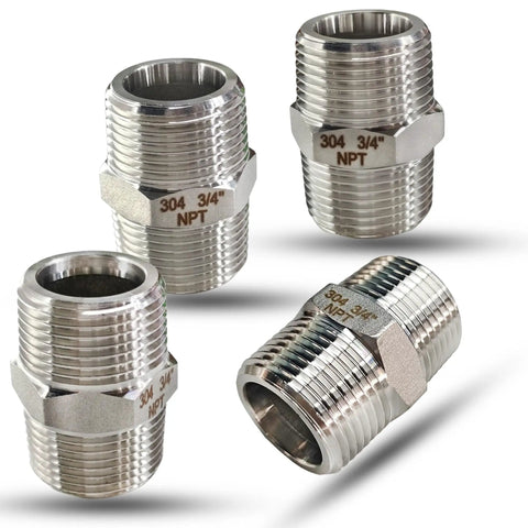 Three Quarter Inch NPT Male Hex Nipple Fittings Set In 304 Stainless Steel Pipe Adapters for Corrosion Resistant Plumbing, Four Pack