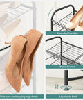 Detail of the sturdy 3 tier shoe organizer rack for closet and entryway, holds up to 12 pairs, showcasing adjustable tilt angle and metal frame.