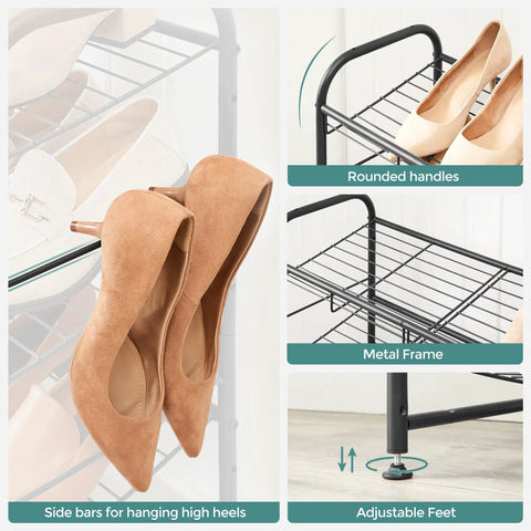 Detail of the sturdy 3 tier shoe organizer rack for closet and entryway, holds up to 12 pairs, showcasing adjustable tilt angle and metal frame.