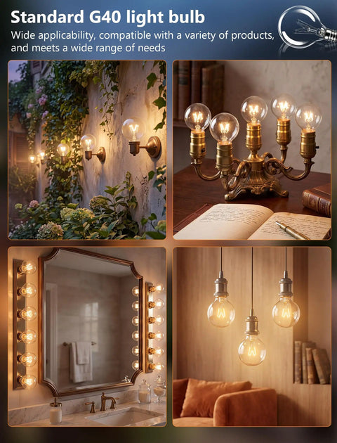 Collage of G40 Replacement Bulbs 120V 5W Incandescent Globe Bulbs lighting indoor and outdoor spaces