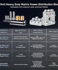 Heavy Duty Battery Terminal Distribution Block With 14 Port Connectors And Vertical Brass Adapters For Car Audio Marine Automotive, Clamp Design For Reliable Connections, Compatible With 6V-48V Systems Up To 4/0 AWG Positive And Negative Pair. 7-port block with brass adapters and M8 hardware