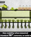 Heavy Duty Metal Power Tool Organizer Wall Mount with eight drill holders, twelve hooks, and battery shelves installed on wall.