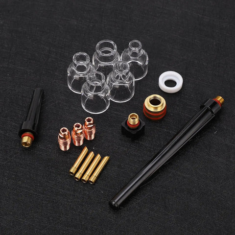 Upgrade Your TIG Game With This Premium WP9 20 Argon Welding Torch Kit featuring glass nozzles, brass tips, and silicone rings.