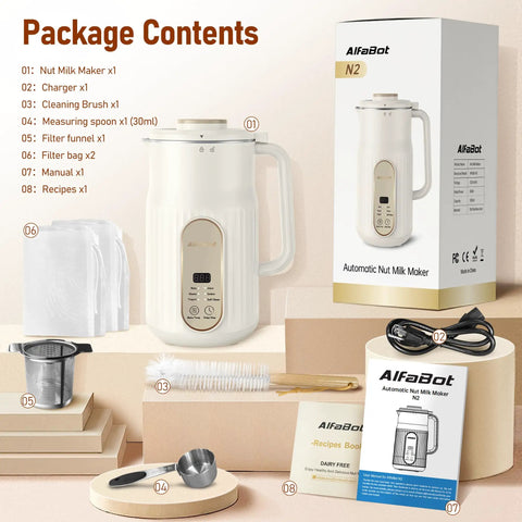 Automatic Nut Milk Maker For Homemade Almond Milk And Plant Based Milks Like Oat And Soy Yogurt With 5 Modes No Fuss 35 Oz Large Capacity Delayed Start Self Cleaning System shown with accessories, box, and manual.