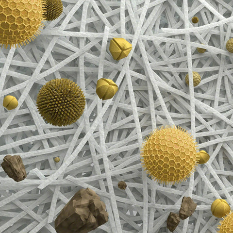 Close-up view of filter fibers capturing particles, illustrating effectiveness of Roomba S Series High-Efficiency Replacement Filter 3-Pack for Dustbin