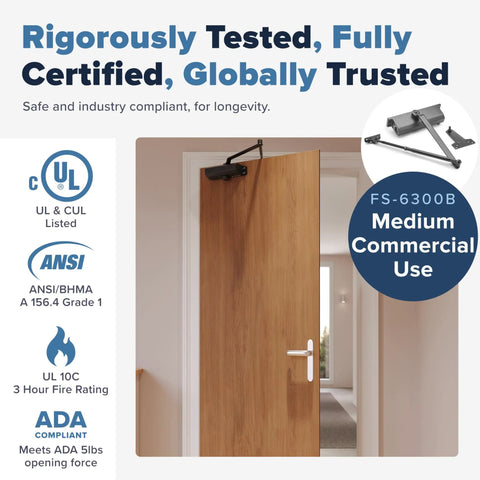 Heavy Duty Commercial Door Closer Auto Hydraulic Spring Arm FS 6300 For Wood Metal Glass Doors Grade 1 ANSI A1564 UL Listed ADA Compliant Left Or Right Hand Install Soft Close Closure For High Traffic Entrances