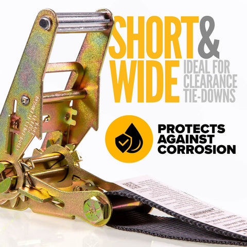 Heavy Duty Twisted Snap Hook Ratchet Straps 2 By 8 Feet Rock Solid Grip 4 Pack ratchet with corrosion-resistant finish.
