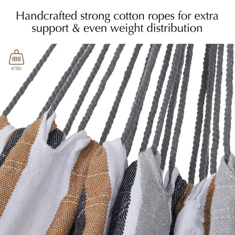 Close-up of Outdoor Double Hammock For Patio And Garden showing cotton ropes, coffee color fabric, and Brazilian style cotton blend.