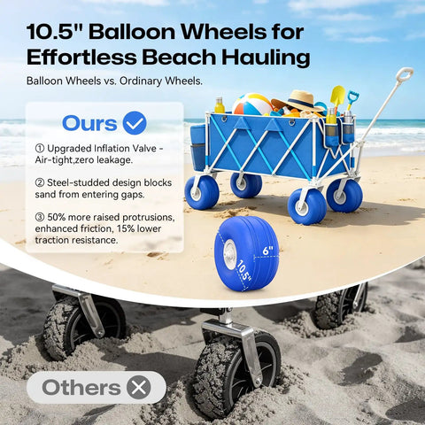 Ten Point Five Inch Balloon Wheel Beach Wagon Heavy Duty All Terrain Cart for Soft Sand on beach with picnic items