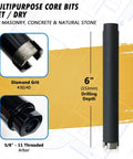 Seven Eighths Inch Dry And Wet Multipurpose Core Bit For Masonry Concrete And Natural Stone With SDS Plus Adapter And Pilot Collar Six Inch Drilling Depth Five Eighths Inch Eleven TPI Arbor, front view showing 6-inch drilling depth and grit details
