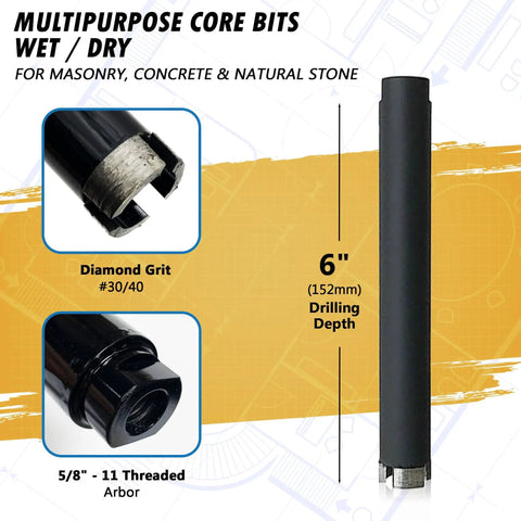 Seven Eighths Inch Dry And Wet Multipurpose Core Bit For Masonry Concrete And Natural Stone With SDS Plus Adapter And Pilot Collar Six Inch Drilling Depth Five Eighths Inch Eleven TPI Arbor, front view showing 6-inch drilling depth and grit details