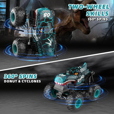 Totally Rad Dinosaur RC Monster Truck for Kids Ages 4 To 7, 1:20 Scale Remote Control Car With Lights And Music, Epic Stunts
