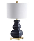 Navy Blue And Gold Ceramic Table Lamp With White Linen Shade, Modern Footed Vase Bedside Light, LED Bulb Included