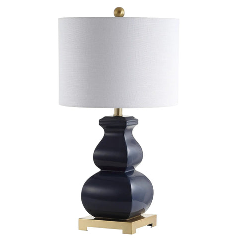 Navy Blue And Gold Ceramic Table Lamp With White Linen Shade, Modern Footed Vase Bedside Light, LED Bulb Included