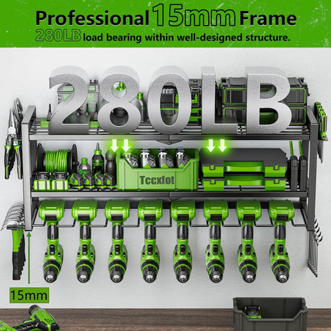 3 Layer Wall Mount Drill Organizer With 8 Slots Dope Tool Storage Rack For Garage Or Workshop Holds Drills Batteries Chargers And Small Tools Heavy Duty Perfect Gift For Him Dad Husband Fathers Day with green and black shelves and slots holding tools.