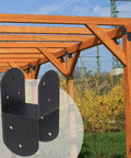 Four Pack 4 By 4 Deck Post Cap Tie Brackets with 3.6 By 3.6 Inner Size 14 Gauge Steel Post Base Anchors installed on wooden structure