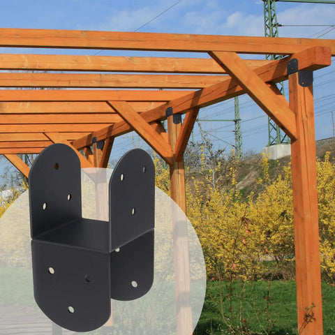 Four Pack 4 By 4 Deck Post Cap Tie Brackets with 3.6 By 3.6 Inner Size 14 Gauge Steel Post Base Anchors installed on wooden structure