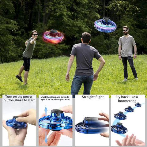 Flying Spinner UFO Drone Hand Controlled Mini Fidget Toy for Teens and Adults shown being used outdoors in a grassy area